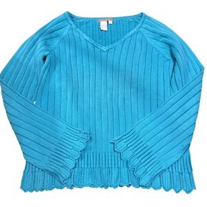 VIntage Isabella Bird Blue Ribbed Cotton Scalloped V-Neck Sweater 100% Cotton L